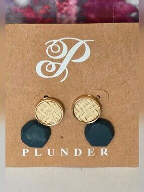 Plunder Woven Rattan & Navy Geometric Drop Earrings NWT